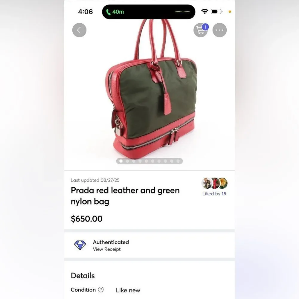 Auth Prada red leather and green nylon hand bag - Picture 13 of 16